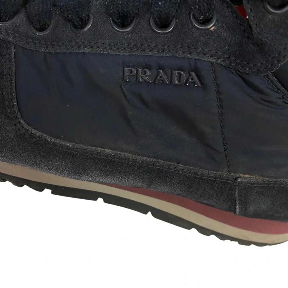 Prada Hightop Sneakers Mens Size 6 Womens 8 Unisex Retro Navy Blue Suede Shoes - Picture 5 of 16